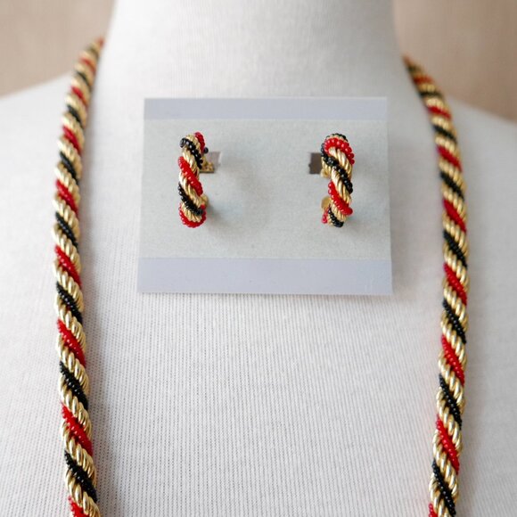 Vintage Red Black & Gold-Tone Rope Necklace & Earrings - Picture 9 of 9